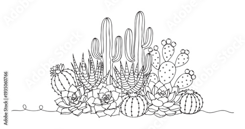 Hand drawn black outline showcasing a diverse collection of desert flora including saguaro, prickly pear, barrel, and succulent plants, perfect for coloring pages, print projects, and