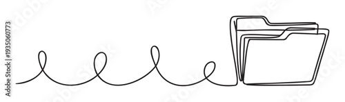 Minimalist continuous line forming a winding path that transitions into neatly stacked document folders suggesting streamlined information organization and digital archiving concepts
