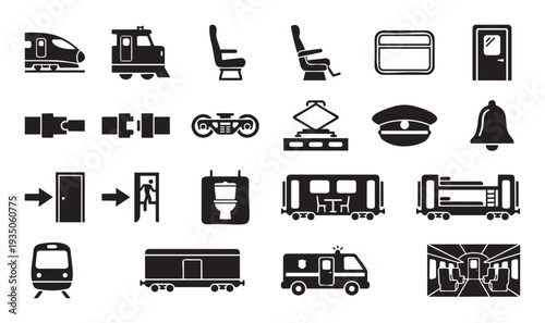 Collection of train and railway travel vector icons featuring highspeed trains, classic locomotives, passenger cars, seats, doors, safety belts, and operational elements for transportation