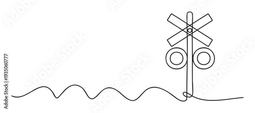 Continuous line drawing of a railroad crossing sign with a wavy trail symbolizing journey or path, useful for navigation applications, travel brochures, or safety awareness visuals.