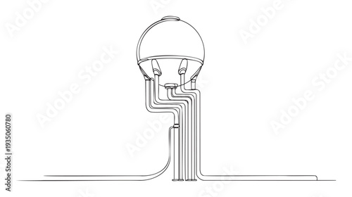 Minimalist black line drawing depicting a futuristic industrial spherical storage tank connected by multiple fluid pipes to a complex groundlevel distribution network system for energy or