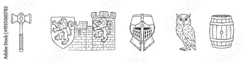 Assortment of medieval and fantasy themed objects featuring a warhammer, heraldic shield, fortified castle tower, knight helmet, wise owl, and rustic wooden barrel for games, education, and