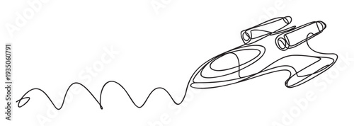 Dynamic continuous line drawing of a futuristic space shuttle creating a winding trail, ideal for technology presentations or abstract motion graphics.