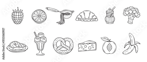 A comprehensive set of handdrawn food line icons showcasing a variety of fruits, vegetables, sweets, and savory dishes, perfect for menus, recipe books, and culinarythemed projects.