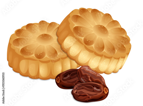 Maamoul Cookies with Dried Dates Vector Illustration, Traditional Middle Eastern Semolina Pastry for Eid al-Fitr and Ramadan Celebrations.