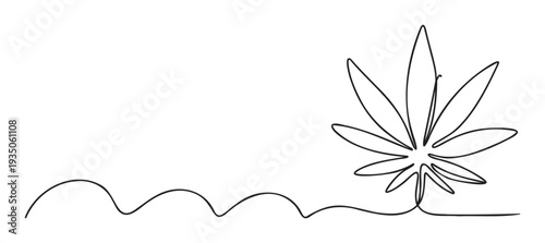 Modern continuous line drawing of a stylized cannabis marijuana leaf growing from a wavy stem, perfect for branding, packaging, or educational materials about natural plants and alternative