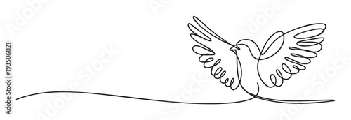 Elegant one line bird flying with outstretched wings symbolizing hope and harmony, suitable for modern branding, inspirational messages, and serene communication materials.