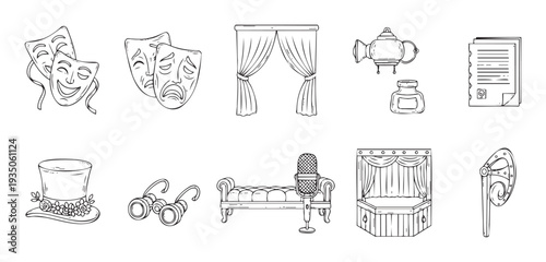 Detailed hand drawn collection of theatre and drama themed line icons featuring comedy and tragedy masks, stage elements, vintage props, and performance equipment for entertainment design