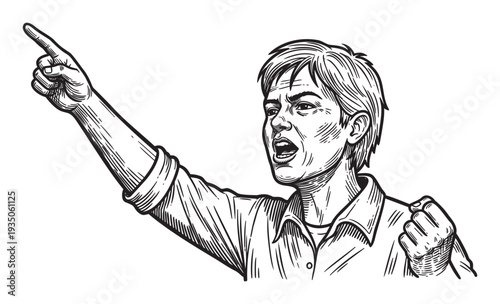 A powerful figure with short hair vigorously points a finger and clenches a fist, expressing strong conviction, leadership, or a call to action in impactful visual media.