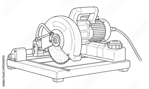 A robust industrial chop saw tool on its sturdy base, featuring a powerful motor, sharp circular blade, and comfortable handle, ideal for construction, woodworking, or metalworking projects