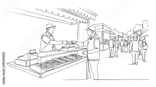 A market vendor exchanges goods with a customer at an outdoor stall, depicting a bustling street scene for various commercial and educational applications.