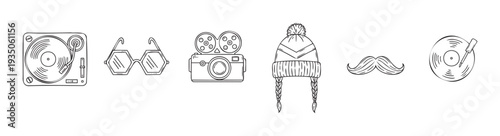 Hand drawn collection of cool lifestyle accessories featuring a vinyl turntable, hexagonal glasses, old film camera, knit hat, mustache, and record, great for hip branding and unique