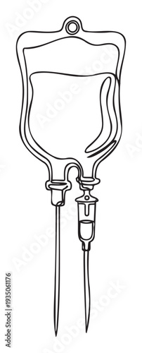 Medical intravenous drip bag with connected tubing in a unique continuous line drawing style for healthcare presentations, hospital clinic decor, or wellness blog graphics