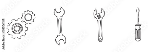 Essential mechanical tools line drawings including gears, an openend wrench, an adjustable wrench, and a screwdriver suitable for engineering and maintenance service icons