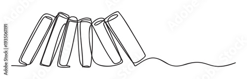 Continuous single line drawing depicting a row of books falling over in a dynamic domino effect, symbolizing education, knowledge, and learning, perfect for academic resources and literary