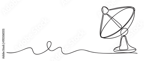 Continuous line drawing of a satellite dish connected by a fluid wavy path, ideal for depicting telecommunication, broadcasting, and global network in various media.