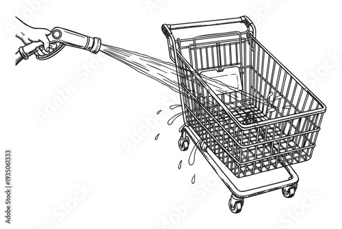 A hand holds a hose nozzle spraying water into a shopping cart, symbolizing hygiene, cleanliness, and maintenance for retail or public health promotions.