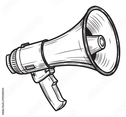 A bold line drawing of a classic megaphone representing loud communication and public announcements, perfect for graphic resources, news media, or social activism campaigns