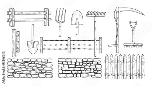 Rustic collection of farming and gardening essentials featuring various wooden and wire fences, sturdy stone walls, and traditional implements for agricultural and homesteading visual media