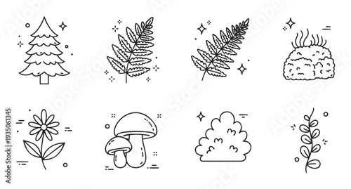 Whimsical collection of simple outlined forest and garden flora icons featuring trees, ferns, flowers, and mushrooms, ideal for charming app interfaces, game graphics, web projects, and