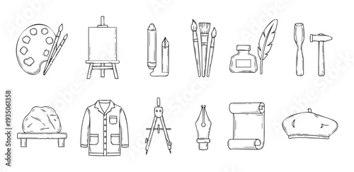Monochrome handdrawn vector icons featuring essential tools and elements for diverse creative professions including painting, sculpture, writing, and drafting, perfect for educational