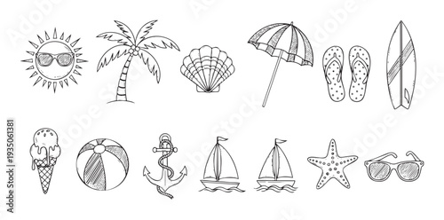 Assortment of hand drawn summer and beach vacation icons featuring sun with sunglasses, palm tree, umbrella, surfboard, flip flops, and anchor for holiday promotional use.