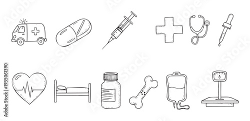 Hand drawn healthcare and medical emergency equipment outlines for educational resources, health clinic promotions, and hospital related visual media