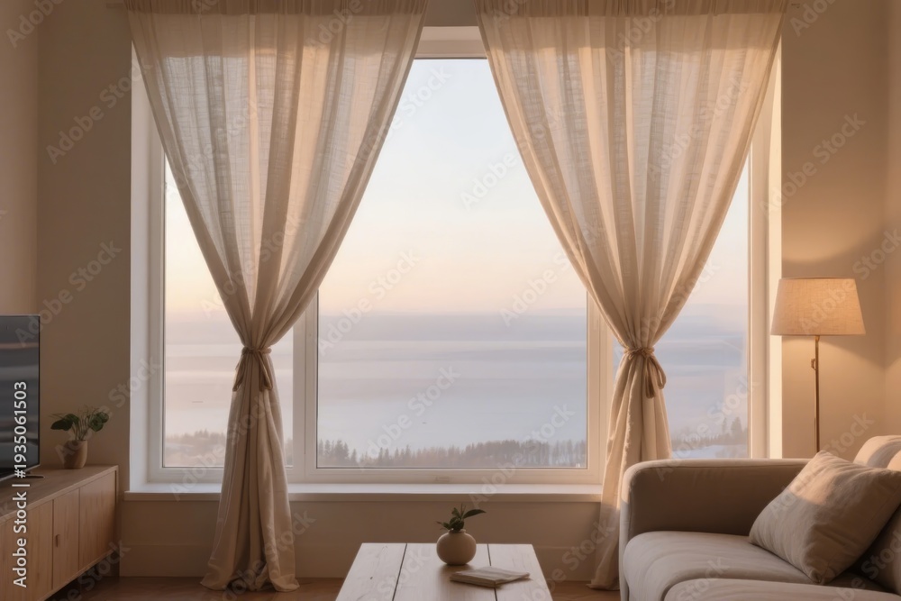 Obraz premium Cozy living room with large window overlooking ocean at sunset