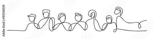 A continuous line drawing depicting a diverse group of connected individuals symbolizing unity, collaboration, and community spirit, perfect for representing teamwork in business