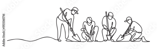 Continuous line drawing of a team of workers planting and digging, perfect for illustrating teamwork and outdoor labor in educational resources, presentations, and environmental projects.