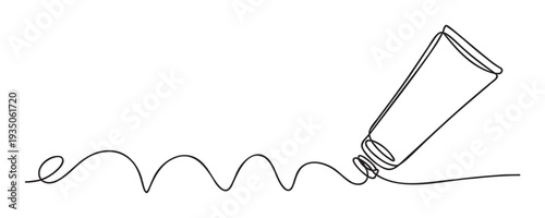 Simple continuous line drawing of a generic tube squeezing out a squiggly wavy line, ideal for use as a minimalist graphic resource in various creative projects