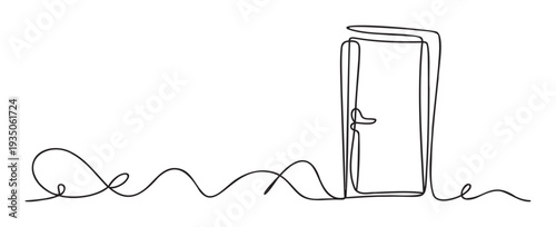 A minimalist continuous line drawing depicting a simple closed door on a winding path, symbolizing new opportunities, choices, and future possibilities for business presentations and