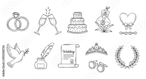 Elegant hand drawn wedding celebration symbols perfect for enhancing romantic themed invitations event decorations and celebratory announcements