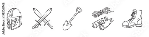 Essential gear for adventure and discovery featuring a knight helmet, crossed swords, hand shovel, coiled rope, binoculars, and a combat boot, suitable for historical, exploration, or