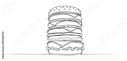 Simple continuous line drawing of an oversized multilayer cheeseburger with sesame seeds ideal for restaurant menu design food blogging or culinary promotional materials