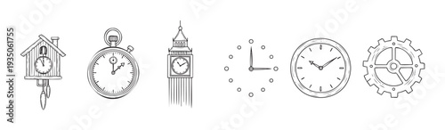 A collection of hand drawn timepieces and clock mechanisms including a cuckoo clock, stopwatch, tower clock, and gears for various projects illustrating schedules, deadlines, and historical