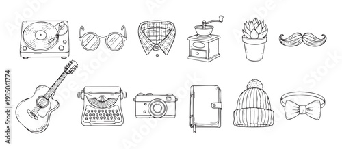 Curated outline collection showcasing vintageinspired lifestyle essentials including a record player, acoustic guitar, classic camera, and unique accessories, perfect for blogs, social