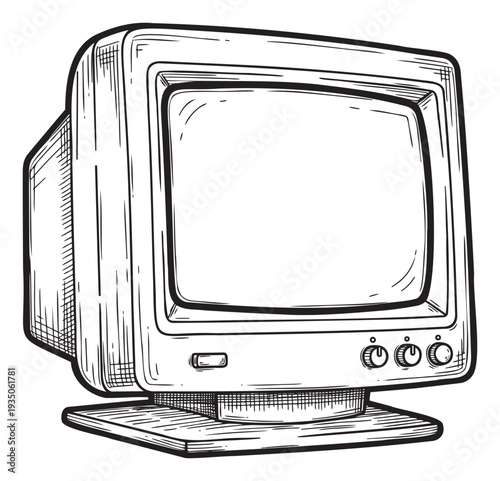 A black and white line drawing of an old CRT computer monitor, perfect for technology history lessons, vintage themed presentations, or visual components in print media projects.