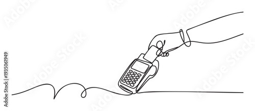 Continuous line drawing of a hand holding a credit or debit card and inserting it into a point of sale terminal, perfect for financial technology and digital payment system marketing