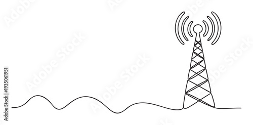 Single continuous line drawing of a telecommunication tower broadcasting wireless signal waves, suitable for business presentations, technology articles, and communication network graphics.
