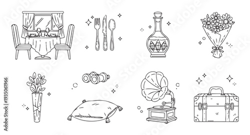 Stylish line drawing icons showcasing a sophisticated dining scene, classic travel luggage, and decorative home items, ideal for elegant event branding or digital interface graphics
