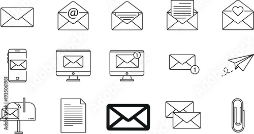 Email and Mail Communication Icon Set with Envelope Message Notification Send Paperclip and Inbox Symbols for Web Apps and Messaging