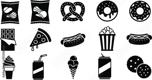 Black and white food icons including snacks and desserts