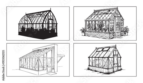 Assorted styles of garden greenhouses depicted with intricate linework, useful for gardening guides, plant nursery promotions, and sustainable living presentations.
