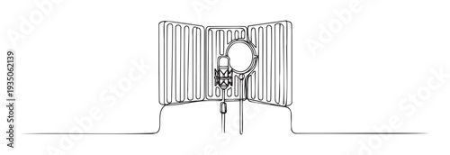 Minimalist continuous line drawing of a professional studio microphone setup with a pop filter and acoustic shield, ideal for music production blogs, audio recording tutorials, or