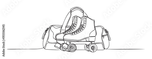 Continuous line drawing of classic quad roller skates with a duffel bag, perfect for promoting active hobbies, leisure, or retro sports equipment for various media applications