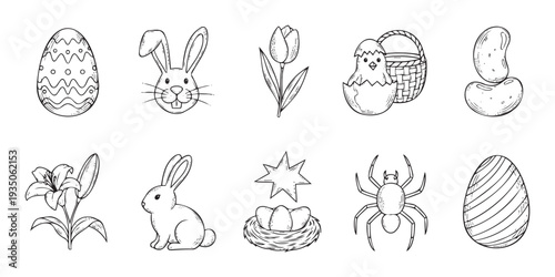 Hand drawn Easter and springtime symbols in a set of outline drawings featuring festive eggs, sweet rabbits, a little chick, and blossoms ideal for holiday decorations and engaging