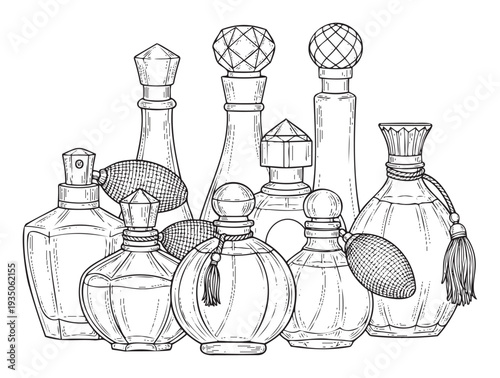 Collection of vintage fragrance bottles and perfume dispensers depicting luxurious aroma for elegant scent advertisements and cosmetic product packaging
