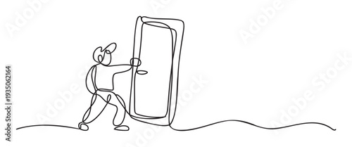 Continuous line drawing of a person pushing against a closed door, symbolizing challenge, perseverance, and the pursuit of new opportunities, ideal for business and selfimprovement