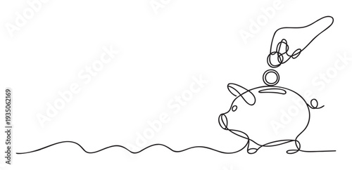 Simple one line drawing showing a hand putting a coin into a traditional piggy bank, conveying concepts of financial security, future planning, and smart investment, suitable for digital